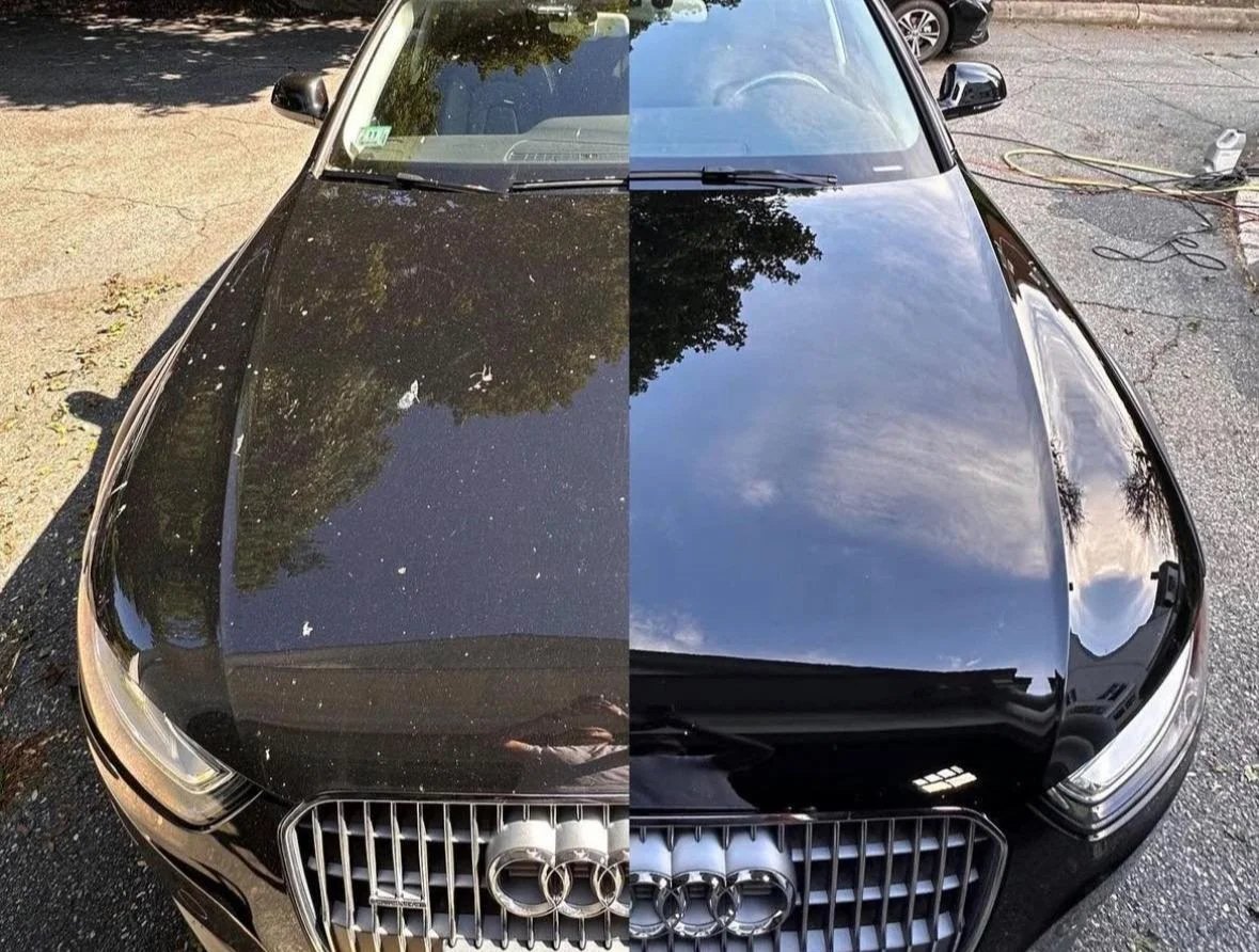 The same black car before and after: the left side of the hood is dull and covered in dust and pollen, the right side is deep glossy black with clear reflections.